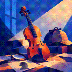A violin, a deerstalker hat and a magnifying glass in a beam of light