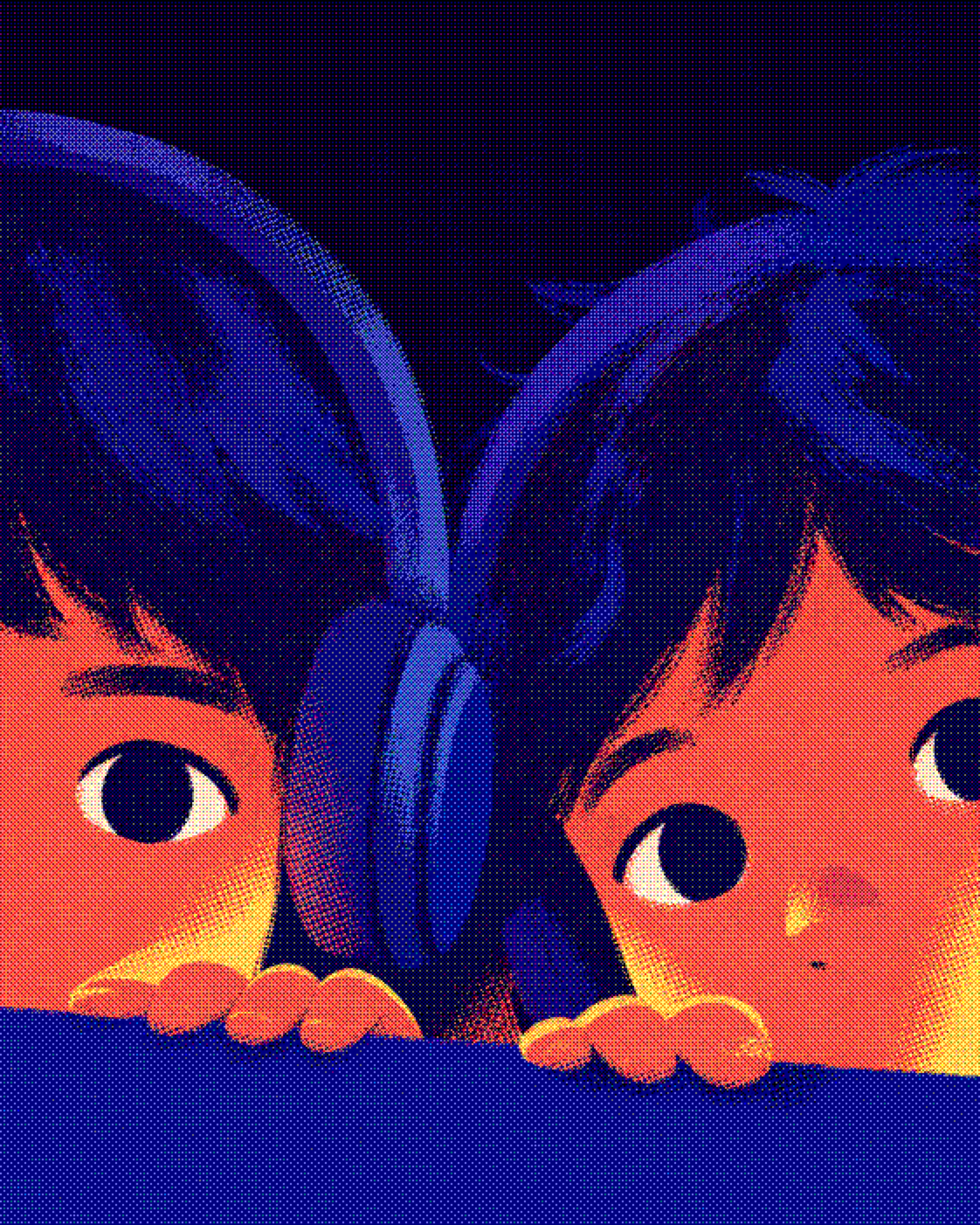 Two children listening through headphones