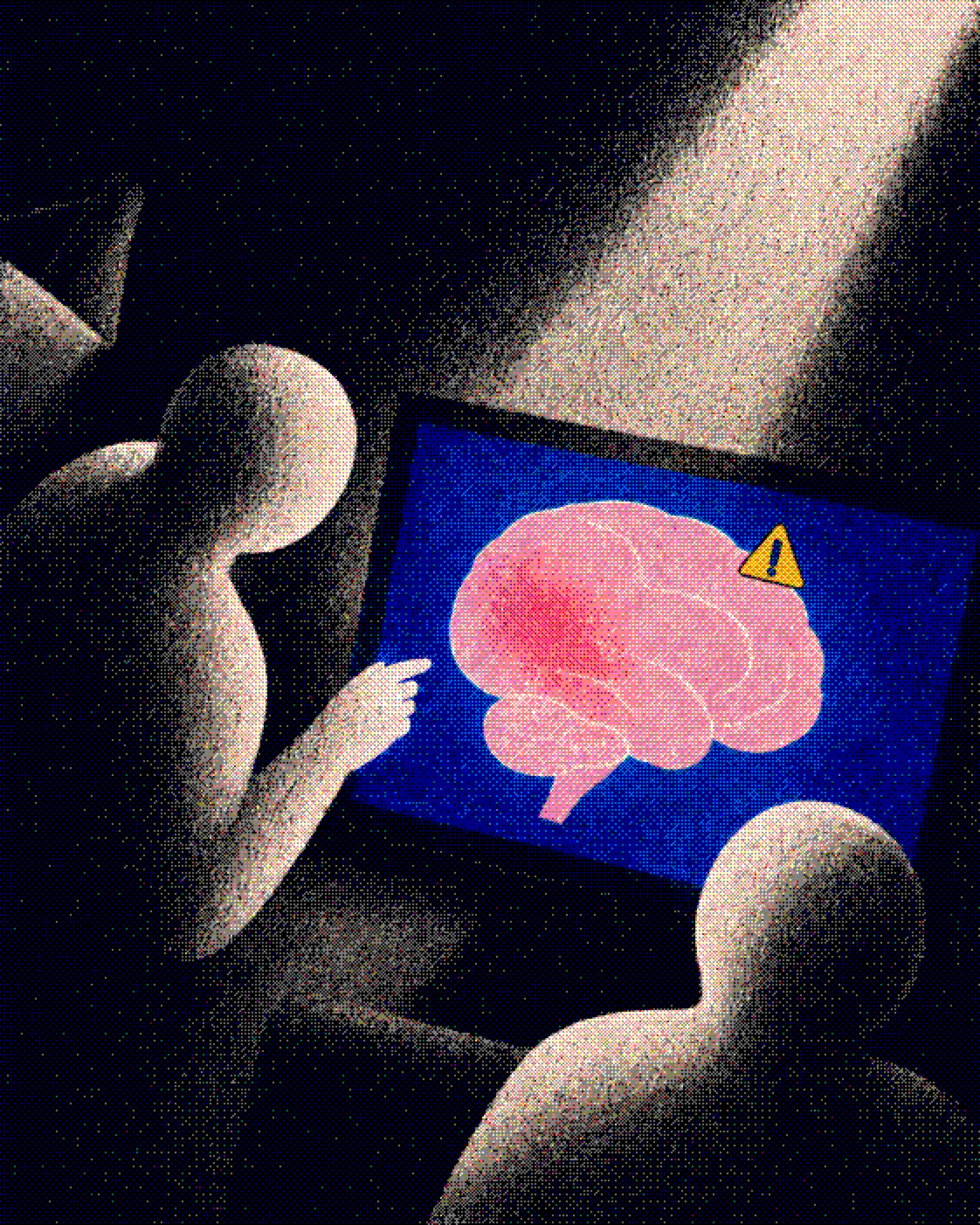 Two figures watching a screen where part of a brain has been altered